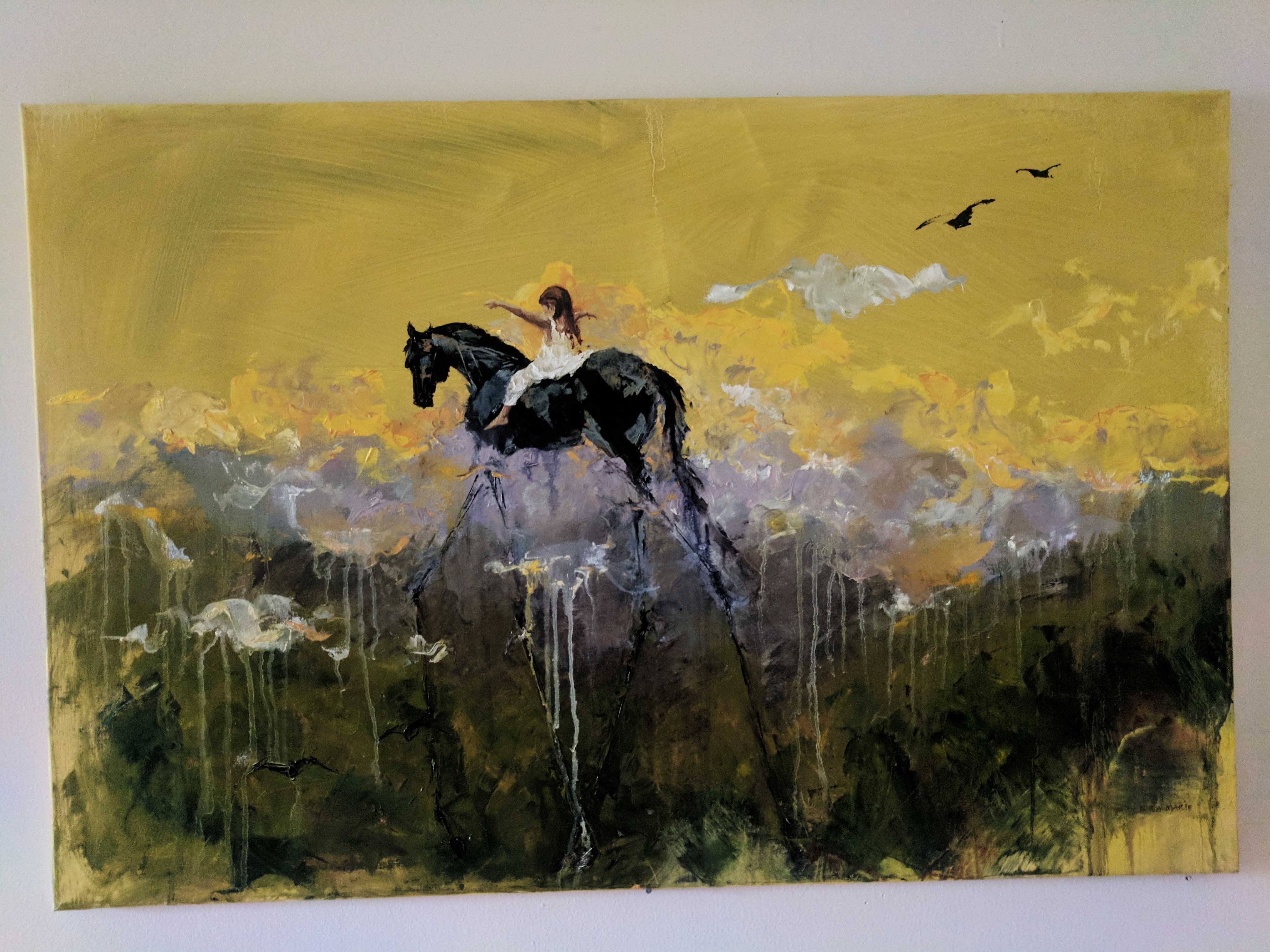 Finished oil painting of a girl riding a horse in the clouds